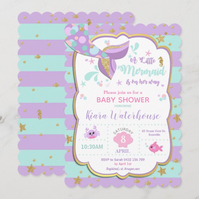 Mermaid Baby Shower Invitation Card Girl (Front/Back)
