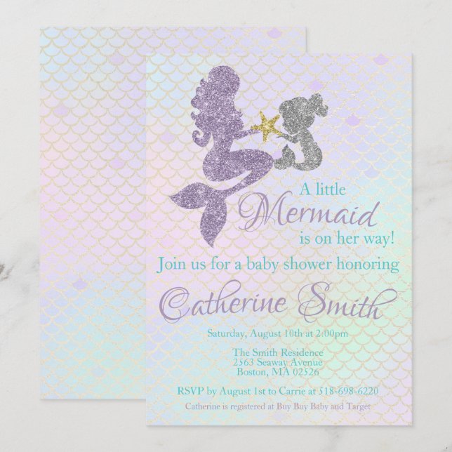 Mermaid baby Shower invitation Lavender Gold Teal (Front/Back)