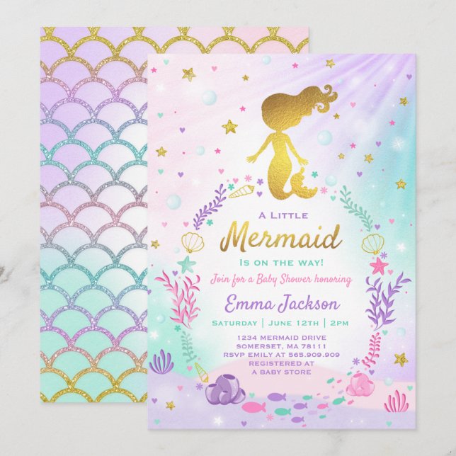 Mermaid Baby Shower Invitation Little Mermaid Baby (Front/Back)