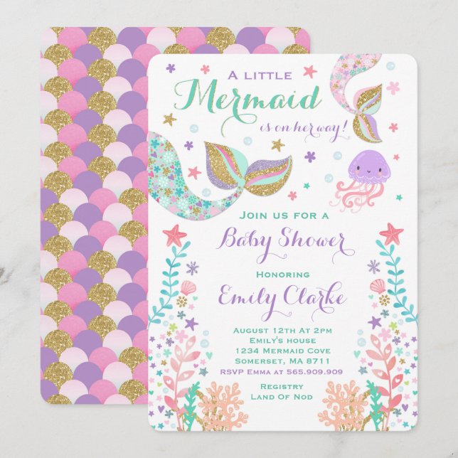 Mermaid Baby Shower Invitation Pink Gold Shower (Front/Back)