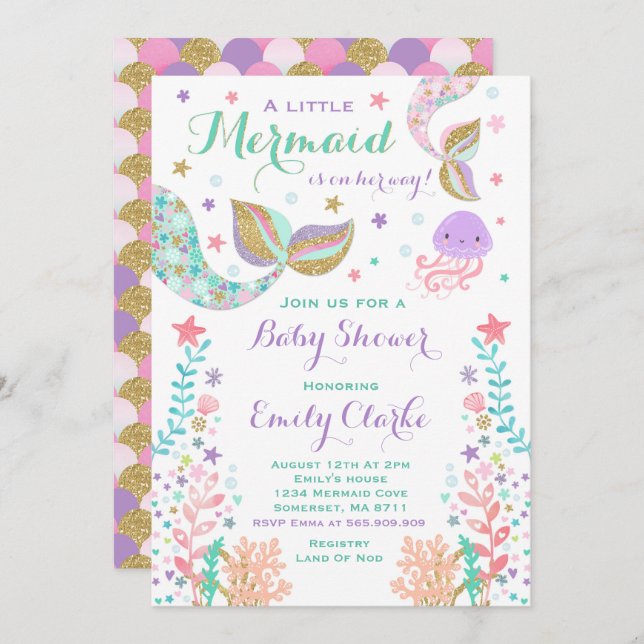 Mermaid Baby Shower Invitation Pink Gold Shower (Front/Back)