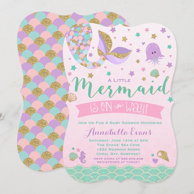 Mermaid Baby Shower Invitation Pink Purple Teal (Front/Back)