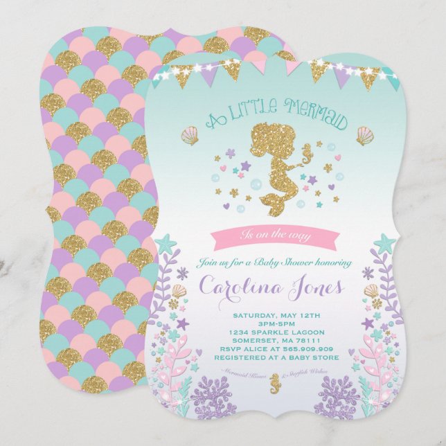 Mermaid Baby Shower Invitation Pink Teal Purple (Front/Back)