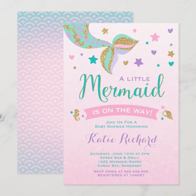 Mermaid Baby Shower Invitation Pink Teal Purple (Front/Back)