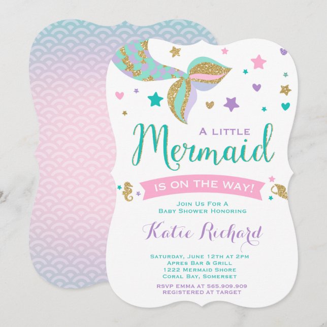 Mermaid Baby Shower Invitation Pink Teal Purple (Front/Back)