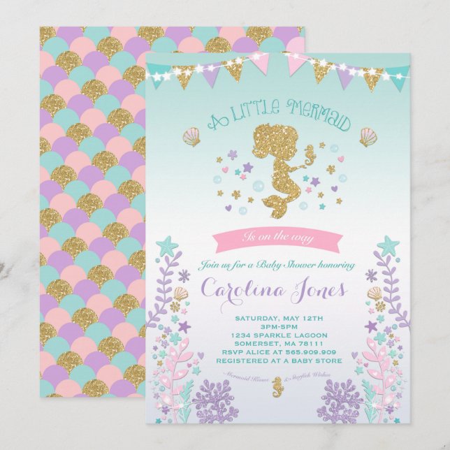 Mermaid Baby Shower Invitation Pink Teal Purple (Front/Back)