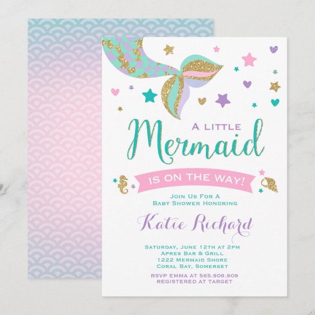 Mermaid Baby Shower Invitation Pink Teal Purple (Front/Back)