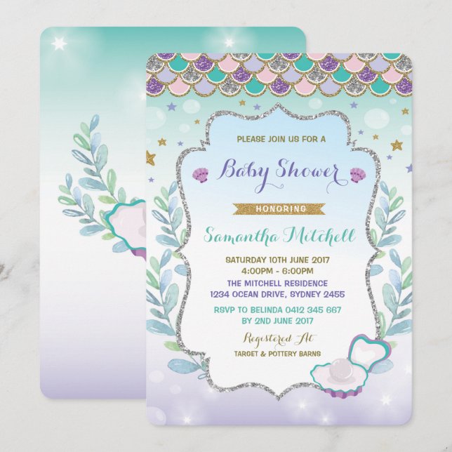 Mermaid Baby Shower Invitation Purple Gold Ocean (Front/Back)