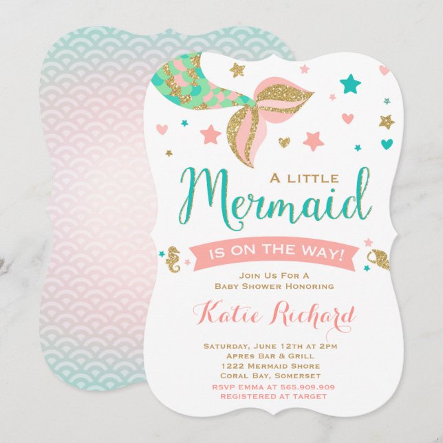 Mermaid Baby Shower Invitation Teal Coral Gold (Front/Back)