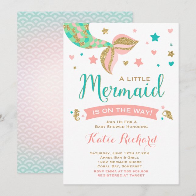Mermaid Baby Shower Invitation Teal Coral Gold (Front/Back)