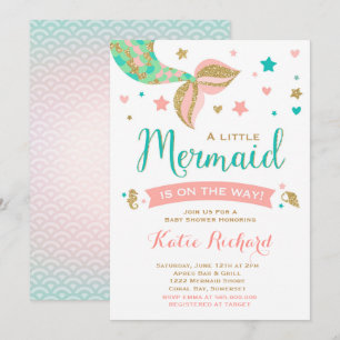 Mermaid Baby Shower Invitation Teal Coral Gold
