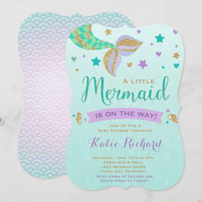 Mermaid Baby Shower Invitation Teal Purple Gold (Front/Back)