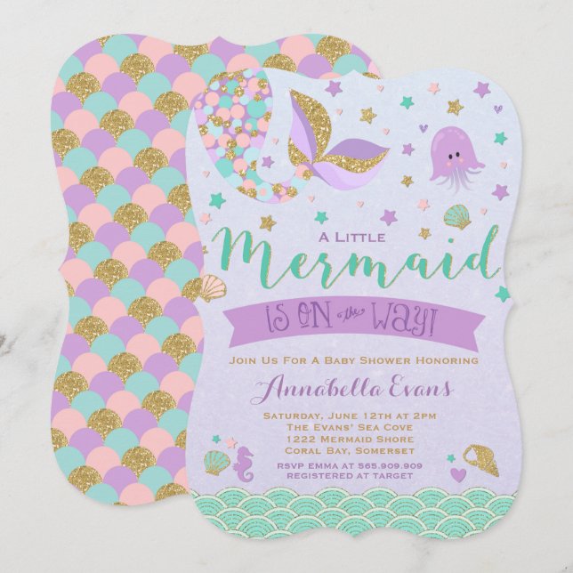 Mermaid Baby Shower Invitation Teal Purple Gold (Front/Back)