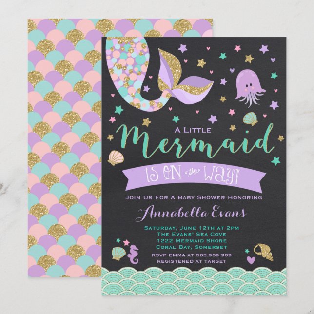 Mermaid Baby Shower Invitation Teal Purple Gold (Front/Back)