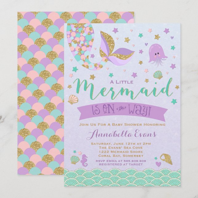 Mermaid Baby Shower Invitation Teal Purple Gold (Front/Back)