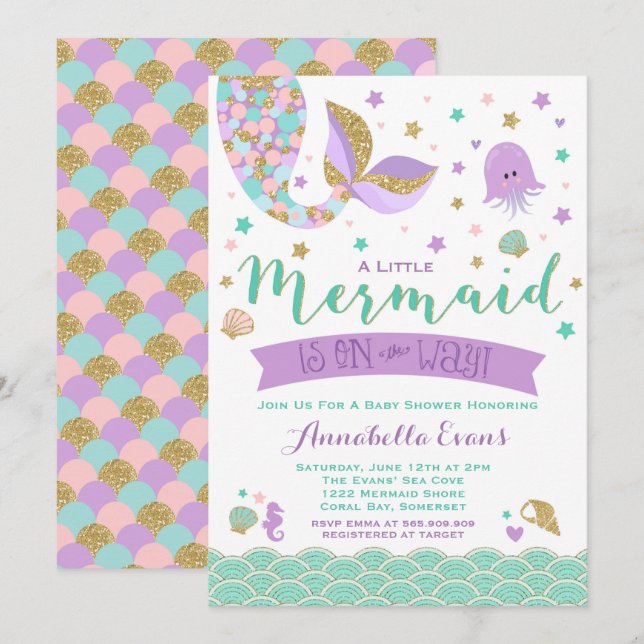 Mermaid Baby Shower Invitation Teal Purple Gold (Front/Back)