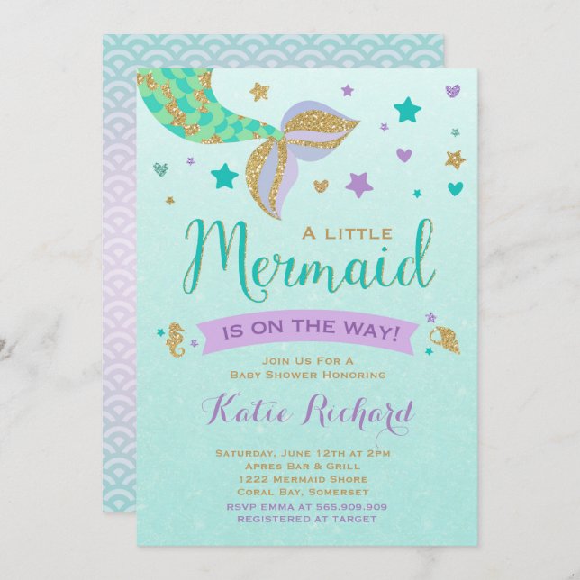 Mermaid Baby Shower Invitation Teal Purple Gold (Front/Back)