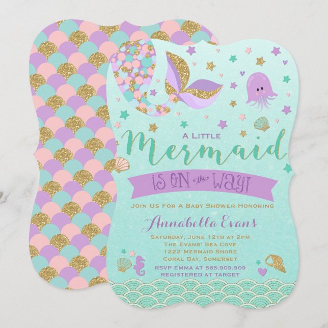 Mermaid Baby Shower Invitation Teal Purple Gold (Front/Back)