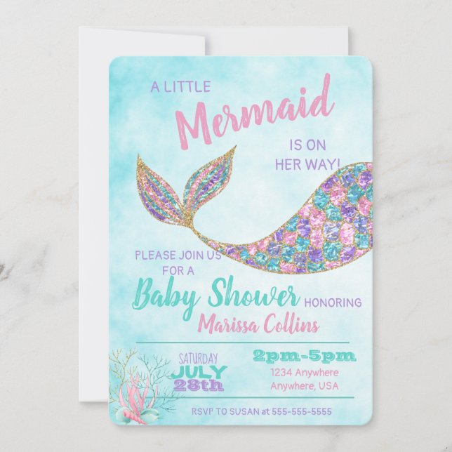 Mermaid Baby SHower Invitation, Under the Sea Invitation (Front)