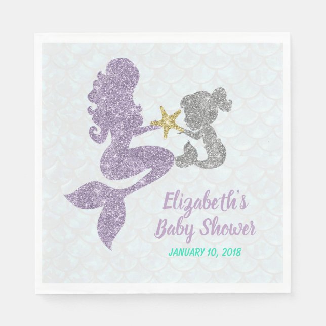 Mermaid Baby Shower napkins Glitter Mermaids (Front)