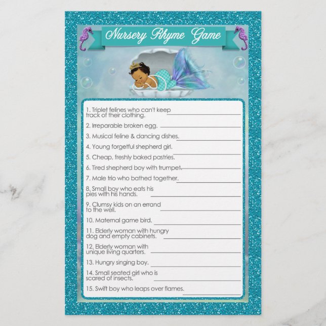 Mermaid Baby Shower Nursery Rhyme Game #136 (Front)