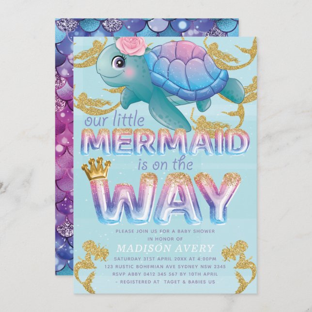 Mermaid Baby Shower Pink Blue Glitter Invitation (Front/Back)