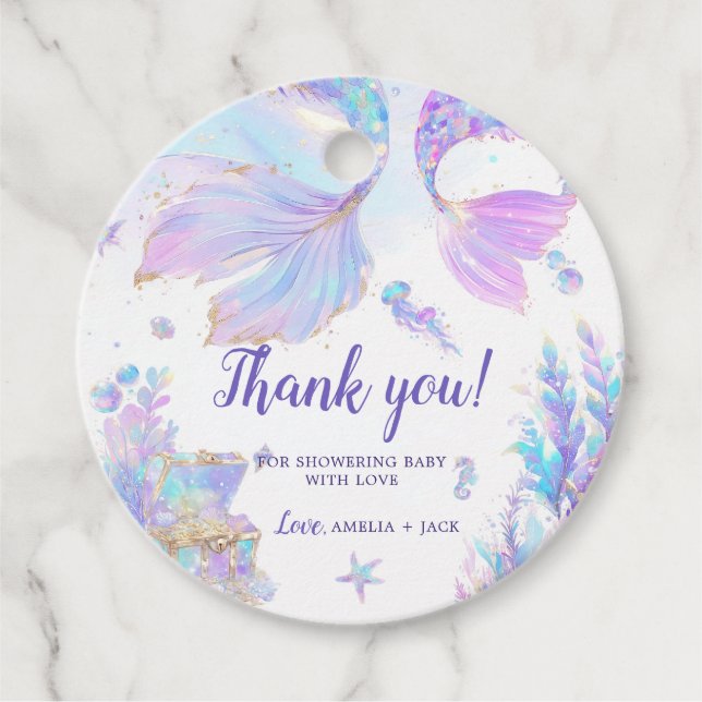 Mermaid Baby Shower Round Favour Tag (Front)