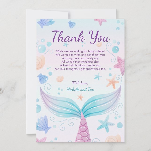 Mermaid Baby Shower Starfish Shell Under the Sea B Thank You Card (Front)
