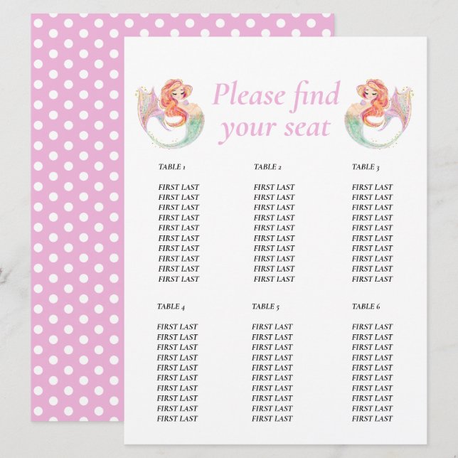 Mermaid Baby Shower. Table chart  Under the Sea Invitation (Front/Back)