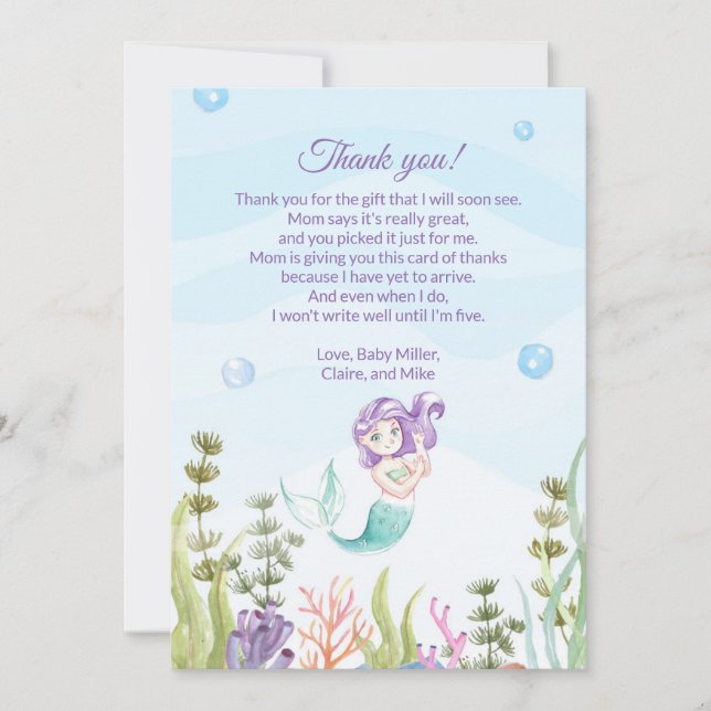 Mermaid Baby Shower Thank You Card Purple Blue (Front)