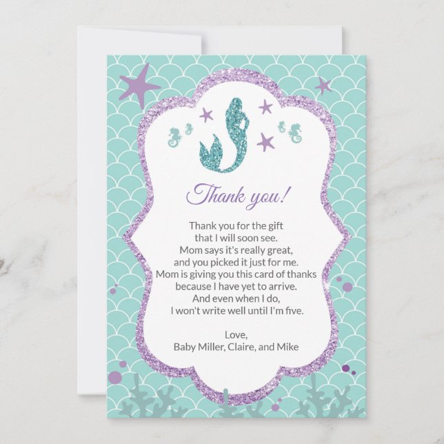 Mermaid Baby Shower Thank You Card Purple Teal (Front)