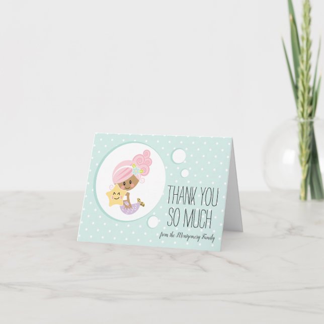 Mermaid Baby Shower Thank You Notecards Dark Skin (Front)