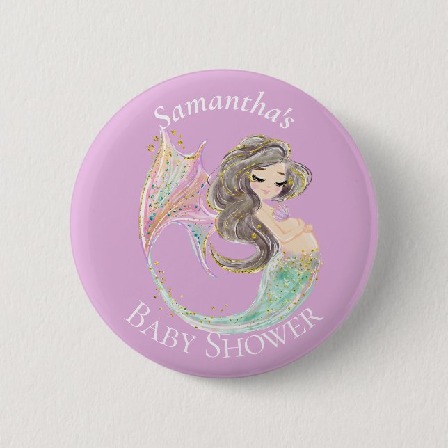 Mermaid Baby Shower. Under The Sea. Glitter Button (Front)