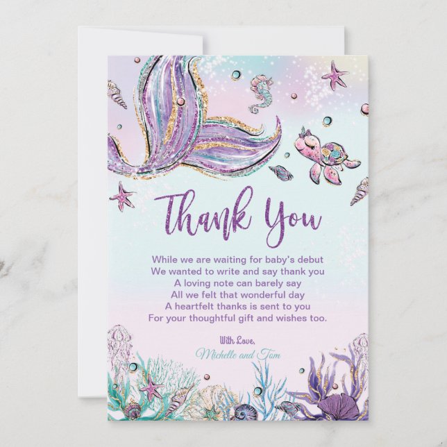 Mermaid Baby Shower Under the Sea Thank You Card (Front)