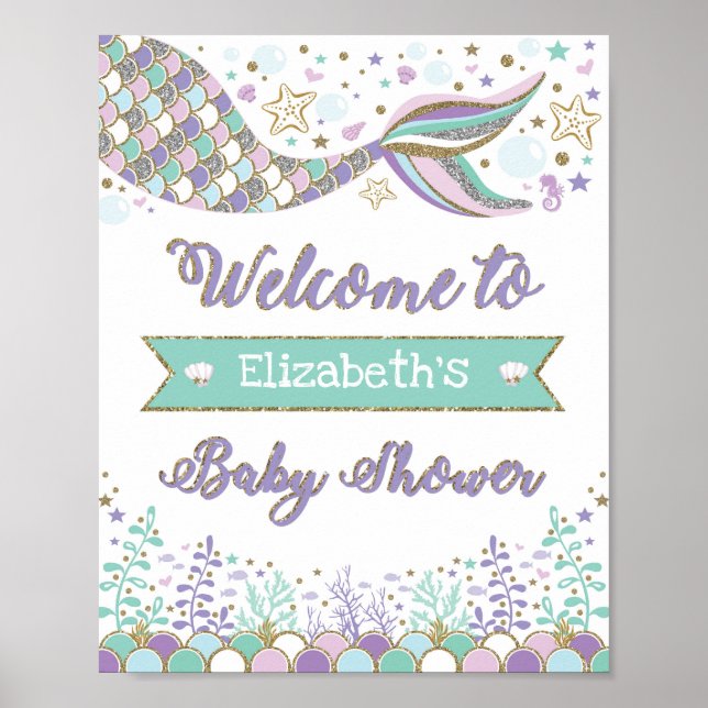 Mermaid Baby Shower Welcome Sign Beach Sea Poster (Front)