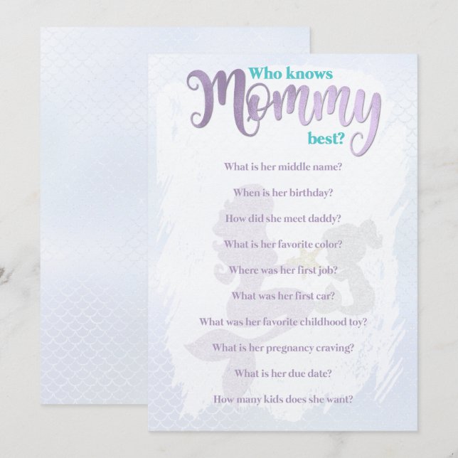 Mermaid Baby Shower Who Knows Mum Best Cards (Front/Back)