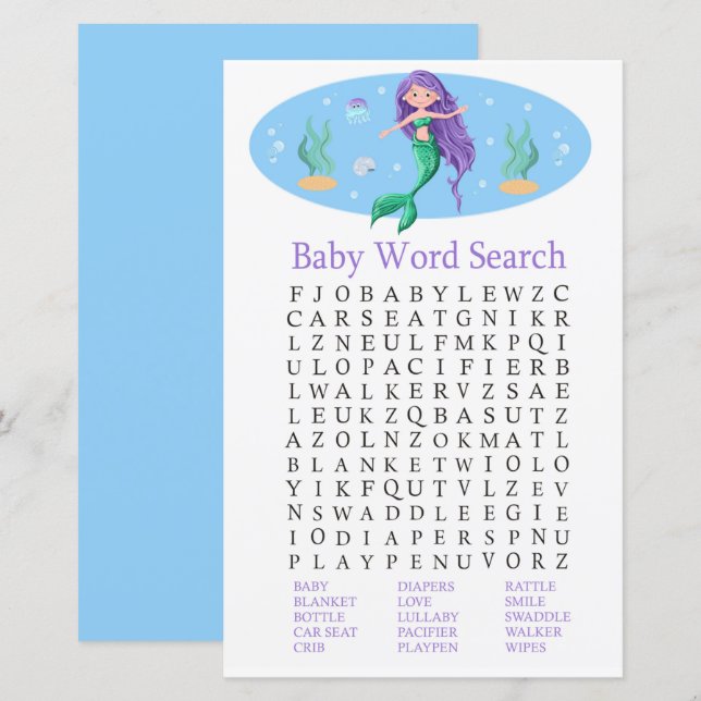 Mermaid Baby Shower Word Search Game (Front/Back)