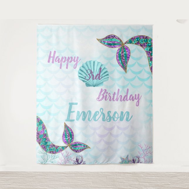 Mermaid, Backdrop, Birthday backdrop, selfie Tapestry (Front)