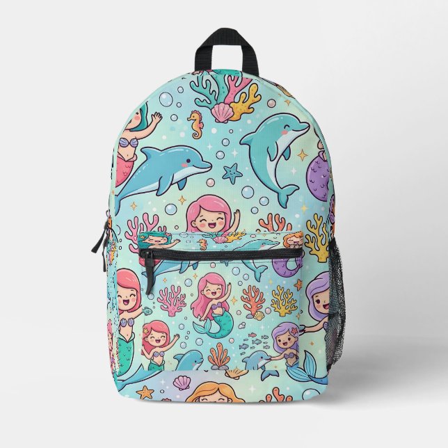 Mermaid Backpack – Dolphin Pastel Ocean Design (Front)
