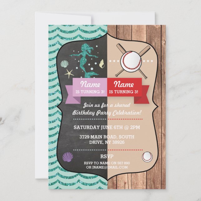 Mermaid & Baseball Joint Boy Girl Birthday Invites (Front)