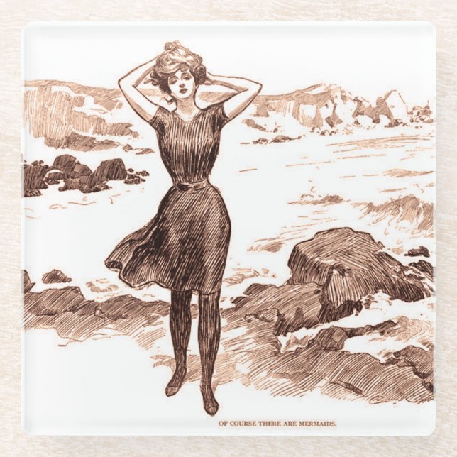 Mermaid Beach Gibson Girl Victorian Antique Glass Coaster (Front)