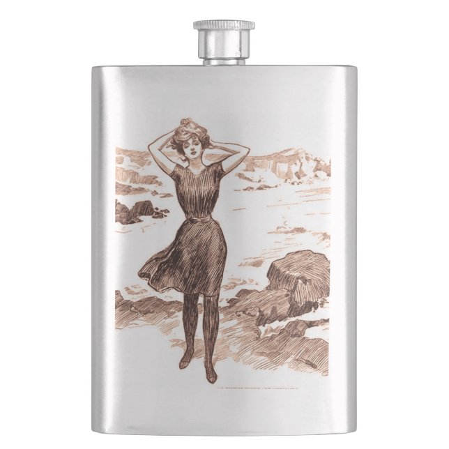 Mermaid Beach Gibson Girl Victorian Antique Hip Flask (Front)