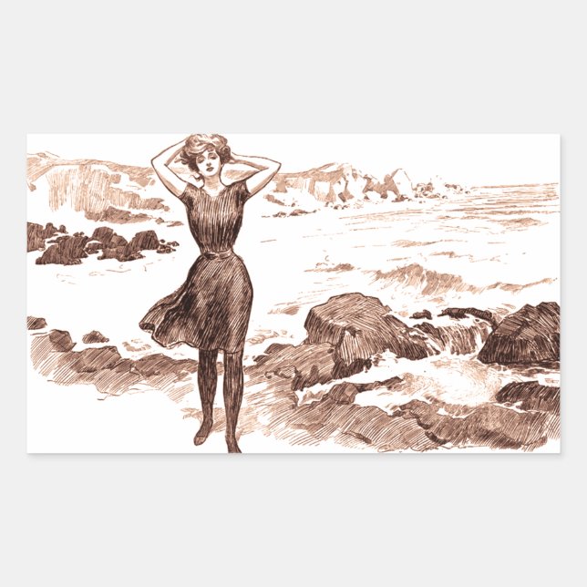 Mermaid Beach Gibson Girl Victorian Antique Rectangular Sticker (Front)