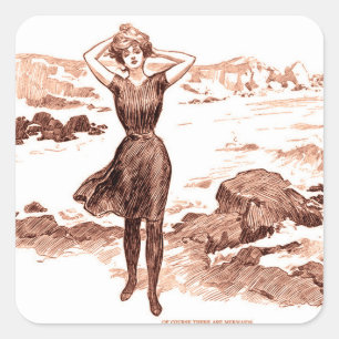 Mermaid Beach Gibson Girl Victorian Antique Square Sticker