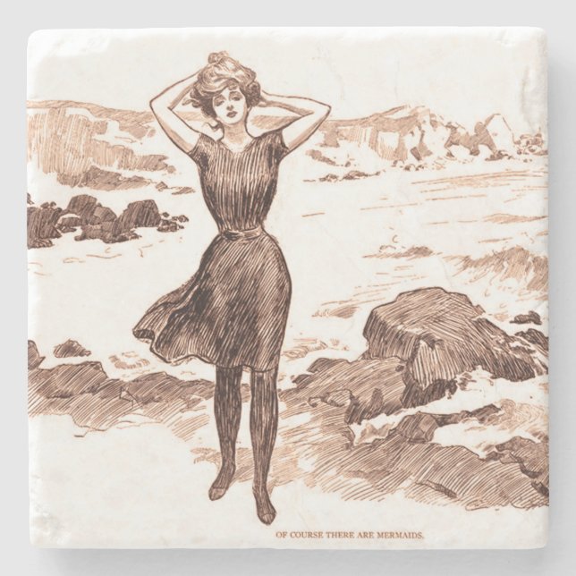 Mermaid Beach Gibson Girl Victorian Antique Stone Coaster (Front)