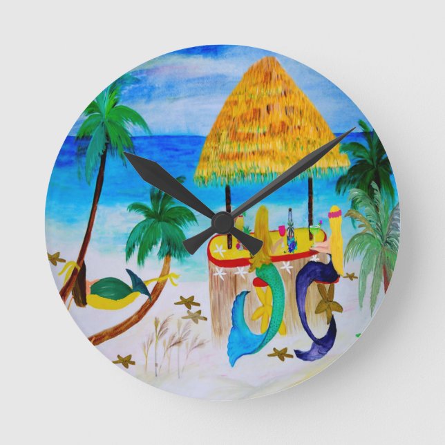 Mermaid Beach Tiki Bar Art Round Clock (Front)
