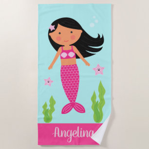 Mermaid Beach Towel    Medium Skin, Black Hair
