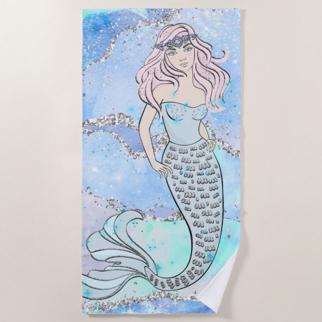 Mermaid Beautiful Ocean Blue Teal Glitter Chic Beach Towel (Front)