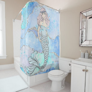 Mermaid Beautiful Ocean Blue Teal Glitter Chic Shower Curtain