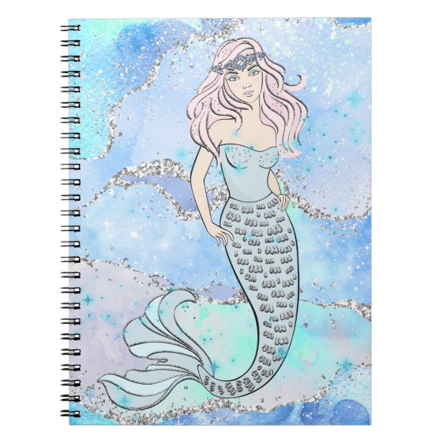 Mermaid Beautiful Ocean Blue Teal Glitter Girly Notebook (Front)